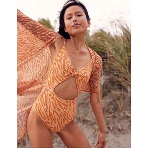 Aerie Orange Patterned One Piece Cut Out Swimsuit